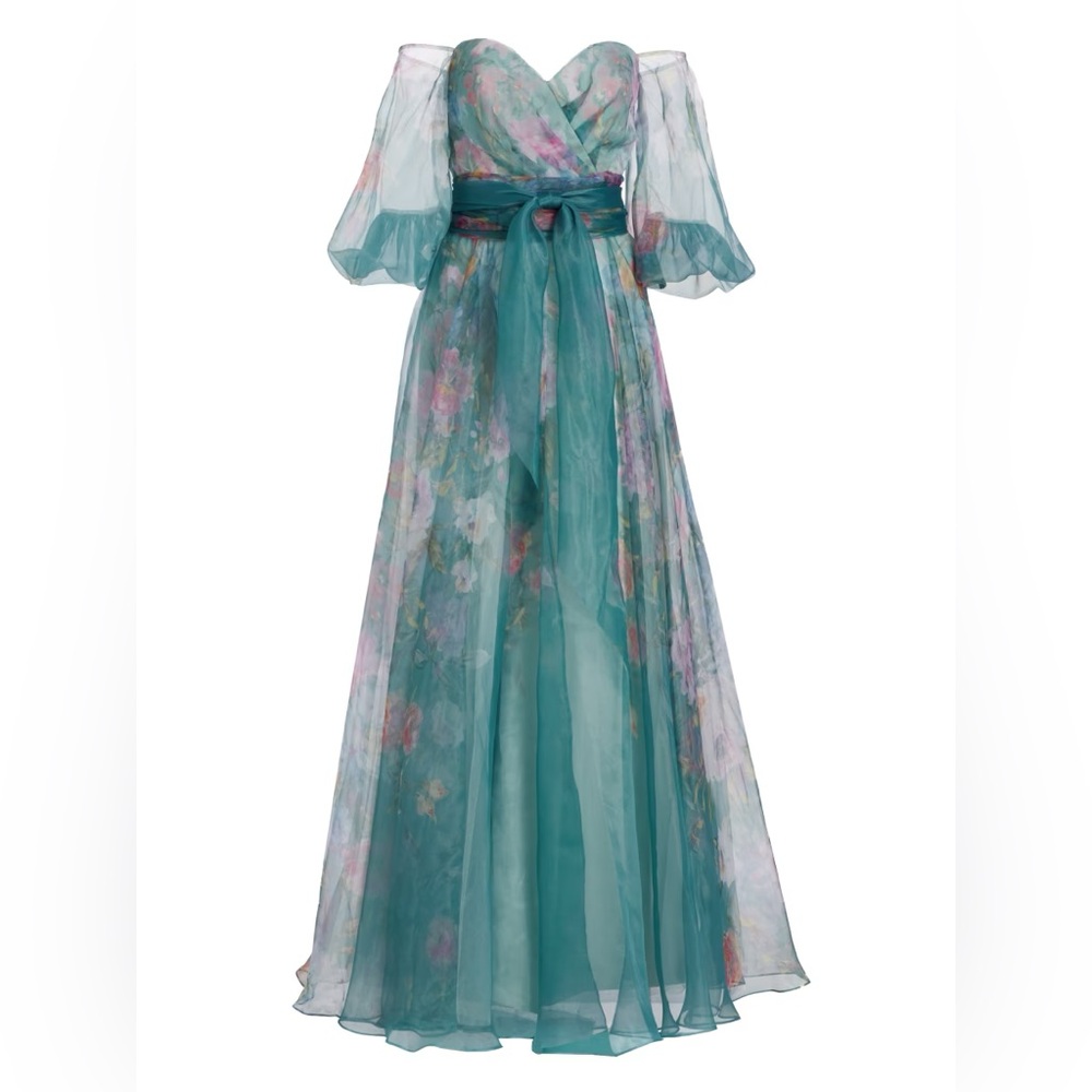 Rene Ruiz Collection Floral printed organza off-the-shoulder gown sleeve Dress